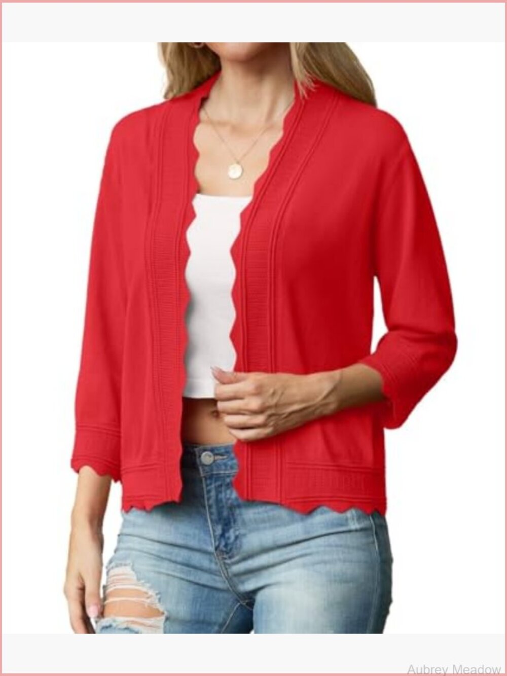 Lightweight Summer Cardigan 3/4 Sleeve Open Front Scalloped Trim Knit Sweater - Picture 4 of 5